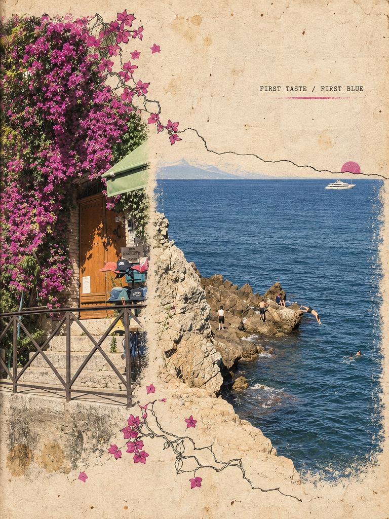 Antibes zine artwork · First taste, first blue · right page