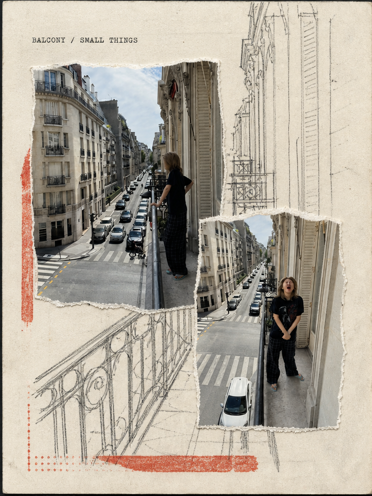 Paris zine artwork · Balcony / Small Things · left page